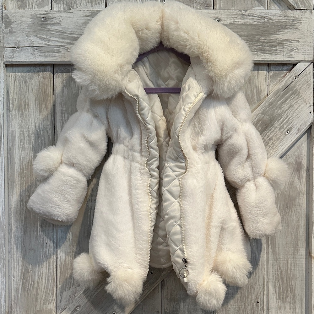 Girls' Plush Hooded Pea Coat in Cream/white with Pom-Trim